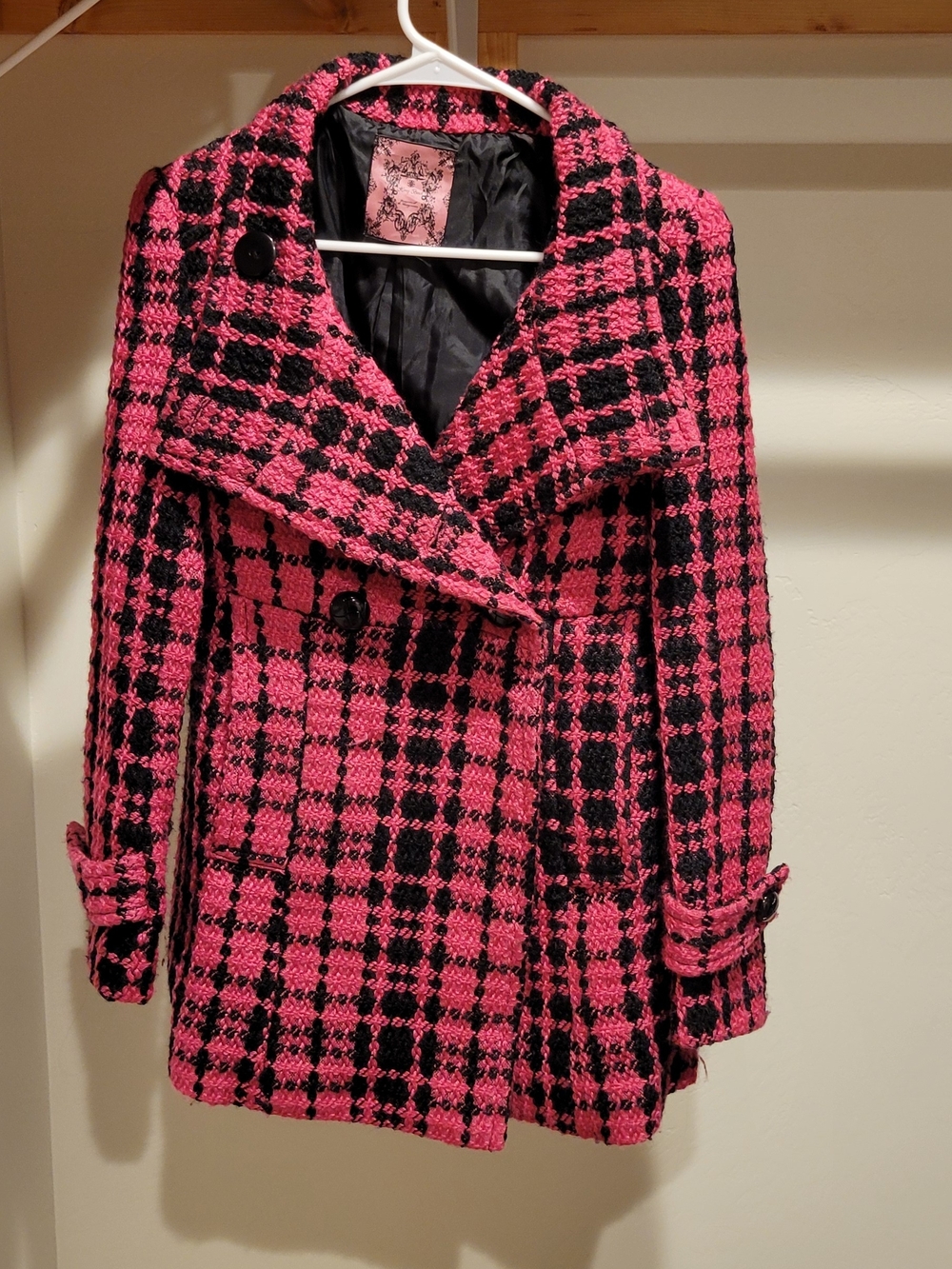 Pink & Black Plaid Peacoat - Women